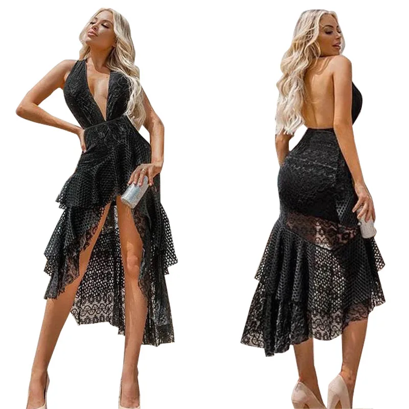 

Woman Dress Summer Newest Floral Irregular Dress Sexy V-Neck Halter Dress Black Lace Backless Dress Party Dress for Women