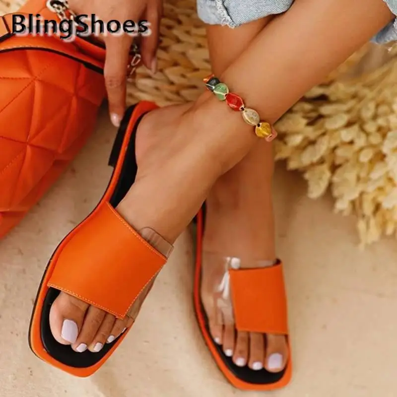

Summer shoes Women Slippers Females Patchwork Open-toe Flat female Sandals women casual Square toe Outdoor Beach Flat Slippers