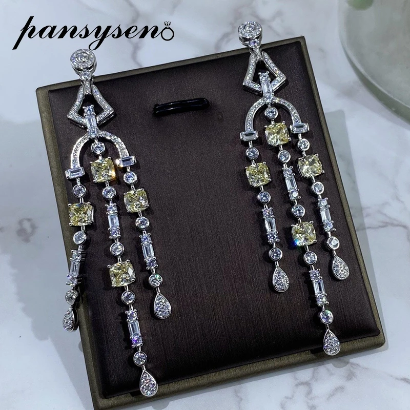 

PANSYSEN Luxury 100% 925 Sterling Silver Citrine Created Moissanite Diamond Long Dangle Drop Earrings Wedding Fine Jewelry Gift