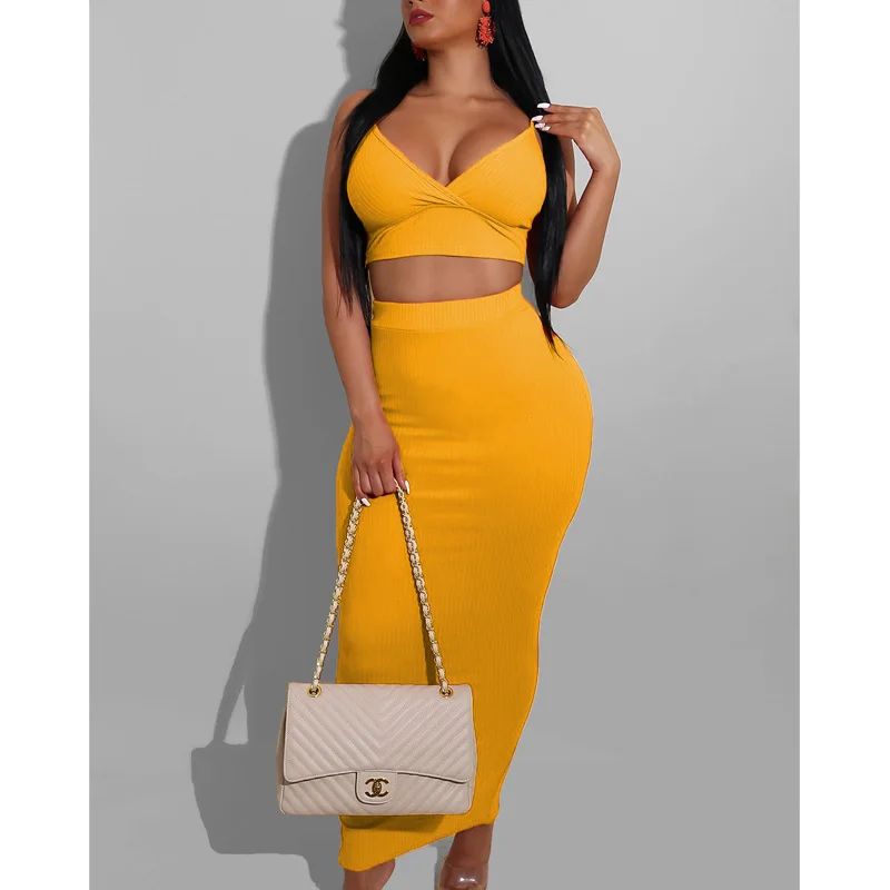 

Sexy 2 Piece Set Women Ribbed Crop Top And Skirt Set Matching Sets Woman Two Pieces Outfits