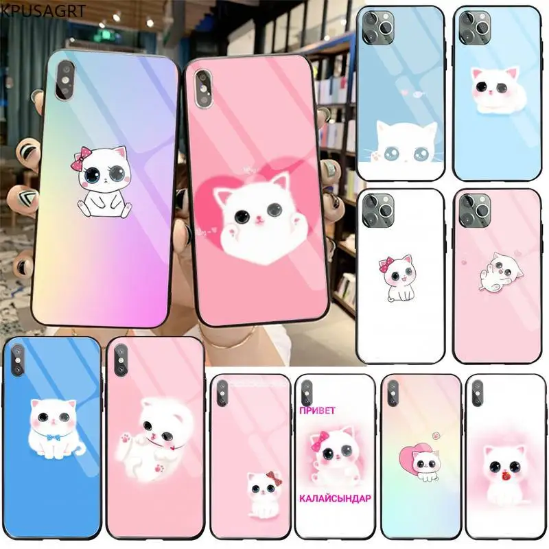 

KPUSAGRT Cute cat pink Phone Case Tempered Glass For iPhone 11 Pro XR XS MAX 8 X 7 6S 6 Plus SE 2020 case