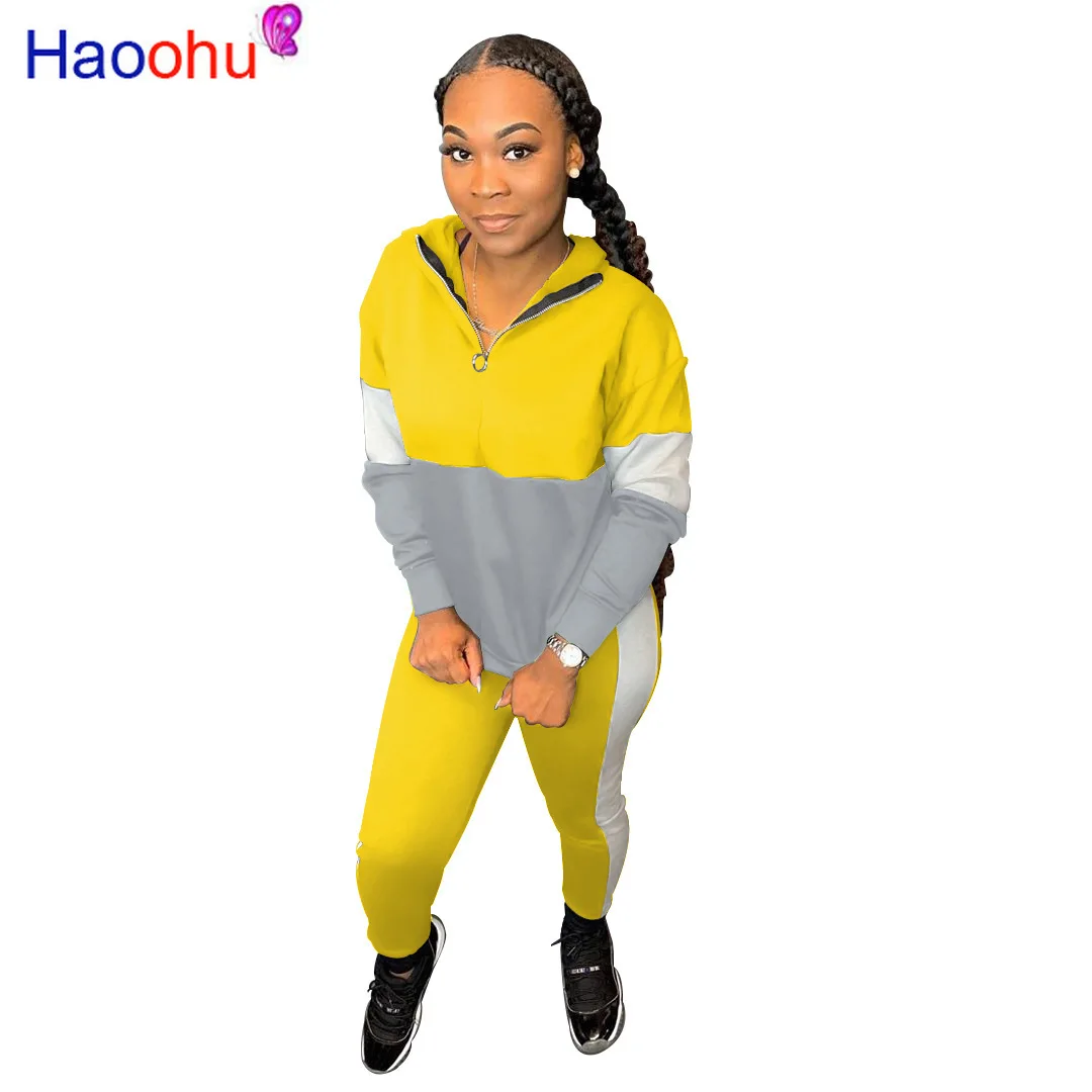

Causal Panelled 2 Piece Set Women Festival Clothing Hooded Full Sleeve Zipper Front Pockets Sweatshirt + Pencil Pants Winter Set