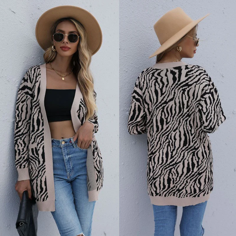 

2021 autumn new medium and long zebra long sleeve knitted sweater coat dresses for women casual Fashion tops
