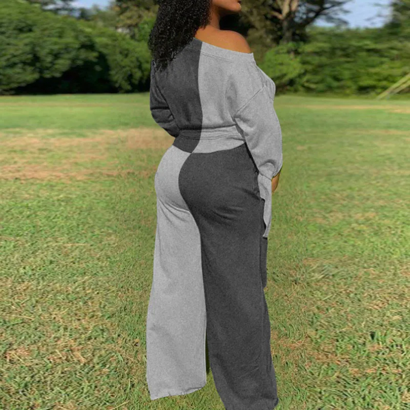 

Women Elegant Off Shoulder Patchwork Two-Piece Set Autumn Fashion Casual Long Sleeves Tracksuit Ladies Wide Leg Streetwear Suits
