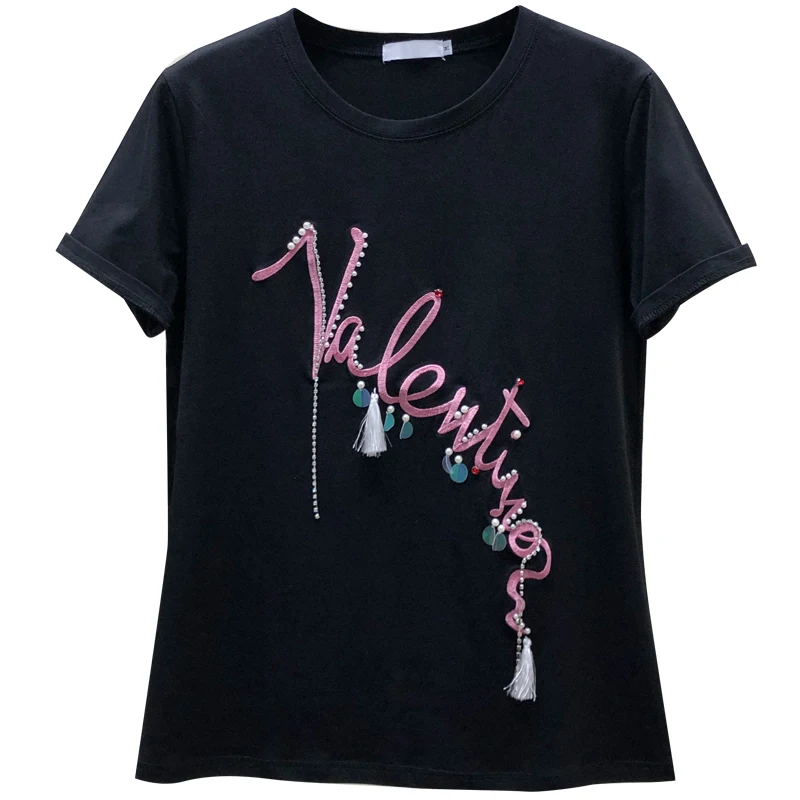 

Summer Women New Fashion T-shirt Female Casual Tops Ladies Leisure Beaded Letter Pattern Slim Hip hop Street Style O-neck