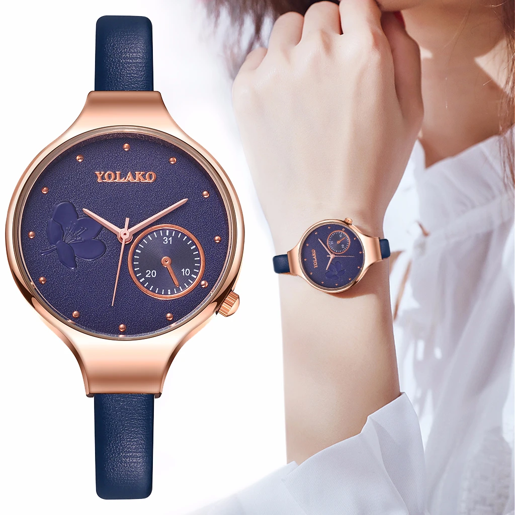 

YOLAKO Brand Women Fashion Blue Quartz Watch Lady Leather Flower Watch High Quality Casual Wristwatches Gift Clock