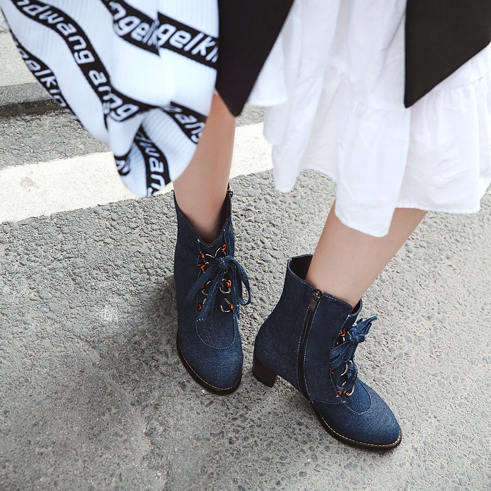 ANMAIRON Denim Western Ankle Boots for Women Square Heel Pointed Toe Winter Patchwork Short Plush Cross-tied Flock | Обувь