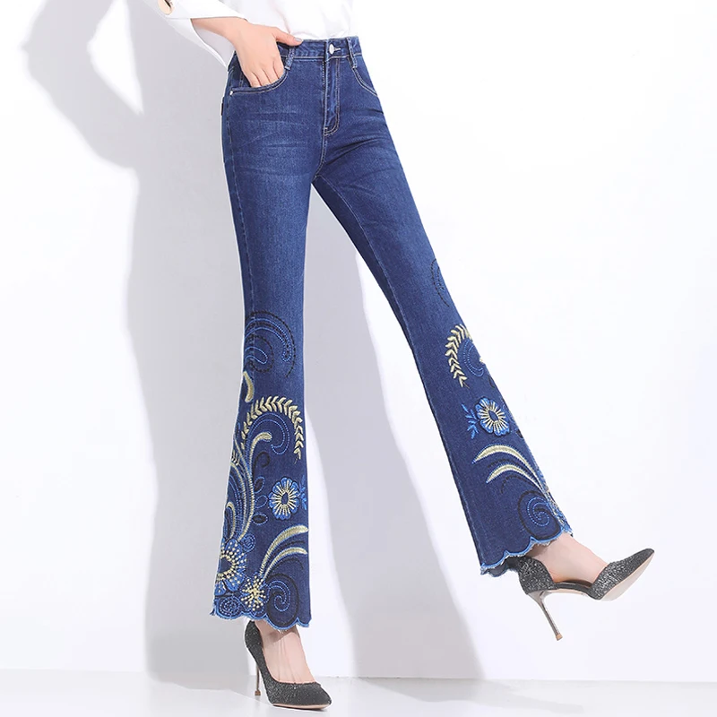 FERZIGE Women Jeans High Waist Flare Pants Embroidered Florals Blue Stretch Famous Brand Mom Trousers Femme Push Up 36 | Женская одежда