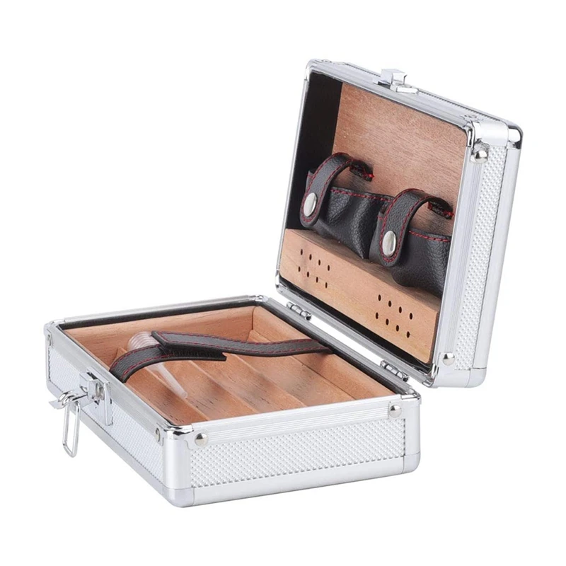 

Desktop Portable Humidor Case Cigar Box Suitcase Cedar Wood Aluminum Exterior Outdoor Travel Case for Cigar Lovers