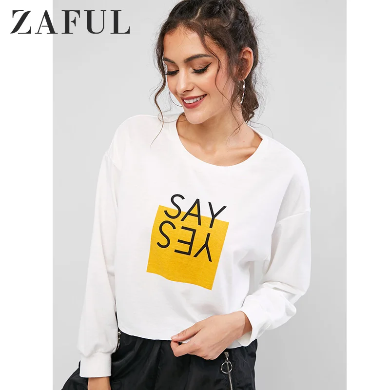 ZAFUL SAY YES Графический осенне-весенний принт подол необработанный край круглый