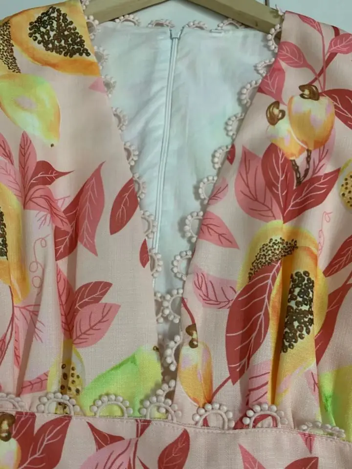 

2021 summer collar bubble sleeve short sleeve wavy water soluble lace spliced print dress medium length