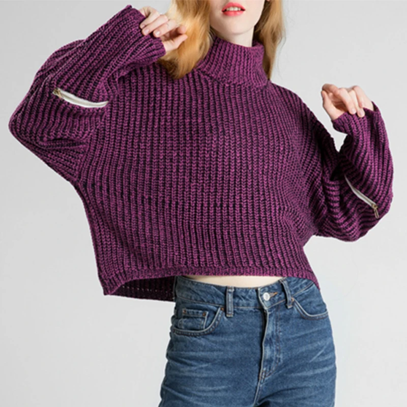 Женский однотонный винтажный свитер укороченный вязаный с длинным рукавом и