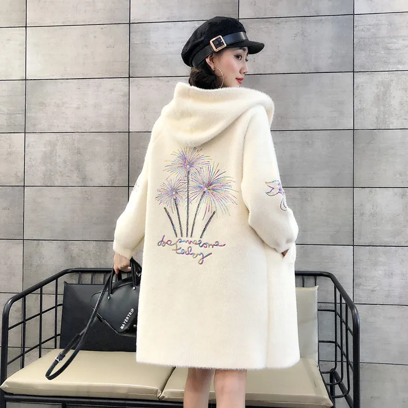 Женское Норковое кашемировое пальто на зиму из искусственного меха высокого