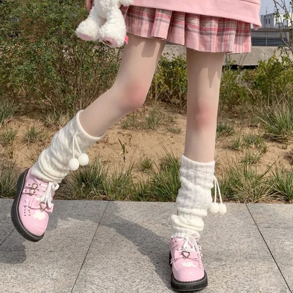 Sweet Girl Leg Warmers Wool Ball Knitted Foot Cover Women Autumn Winter Leg Warmer Socks Japanese Style Heap Socks