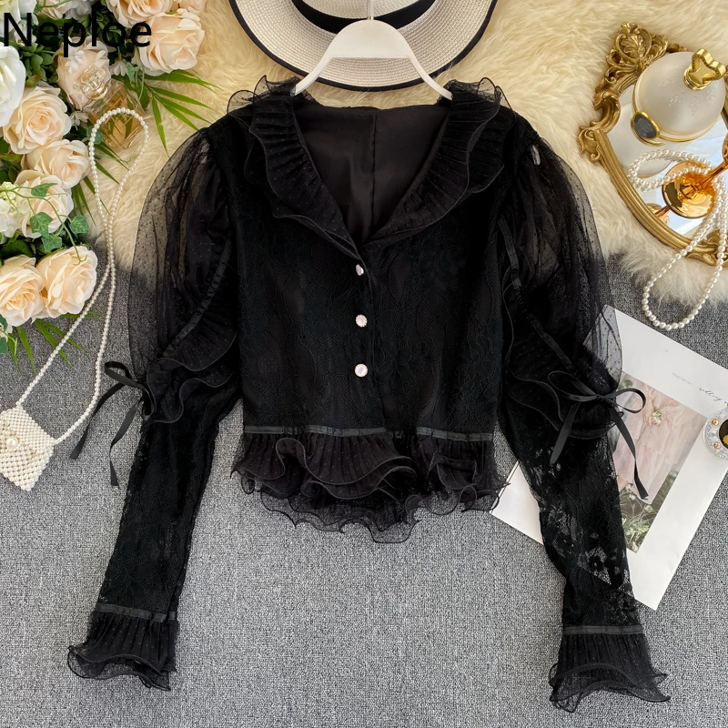 Женская блузка с рюшами Neploe Элегантная v образным вырезом и длинными рукавами на