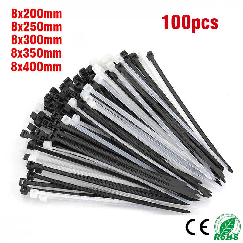 Самоблокирующийся пластиковый нейлоновый хомут 50/100 шт. черный 8*300 для кабеля 8*200