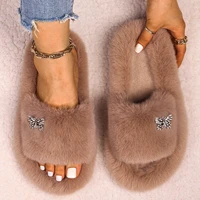 fashion slippers women fluffy flip flops rhinestone butterfly decor furry slides fur sandals faux fur slippers casual shoes 2021