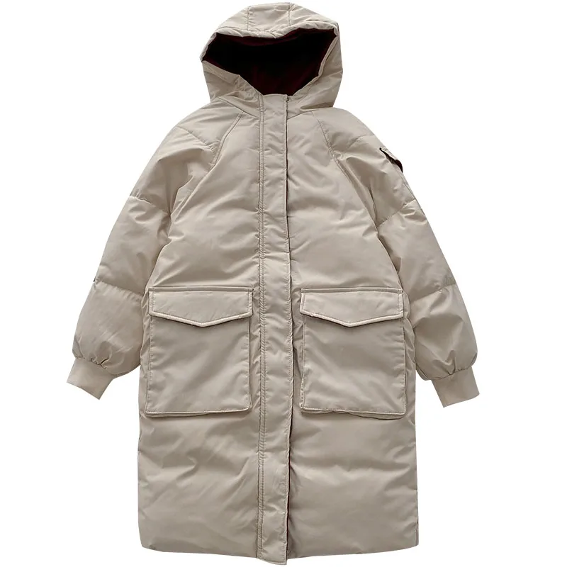 

2021 Winter Long Cotton Women Coats Hooded Solid Pocket Thicken Warm Straight Knee-Length Female Outwear Jackets Tops