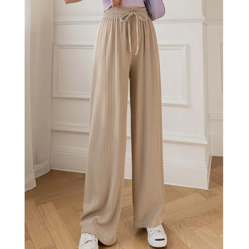 Knitting Long Pants Summer New Women Solid Basic Pleated Loose Casual Pant Female Elastic High Waist Wide Leg Slim Thin Trousers