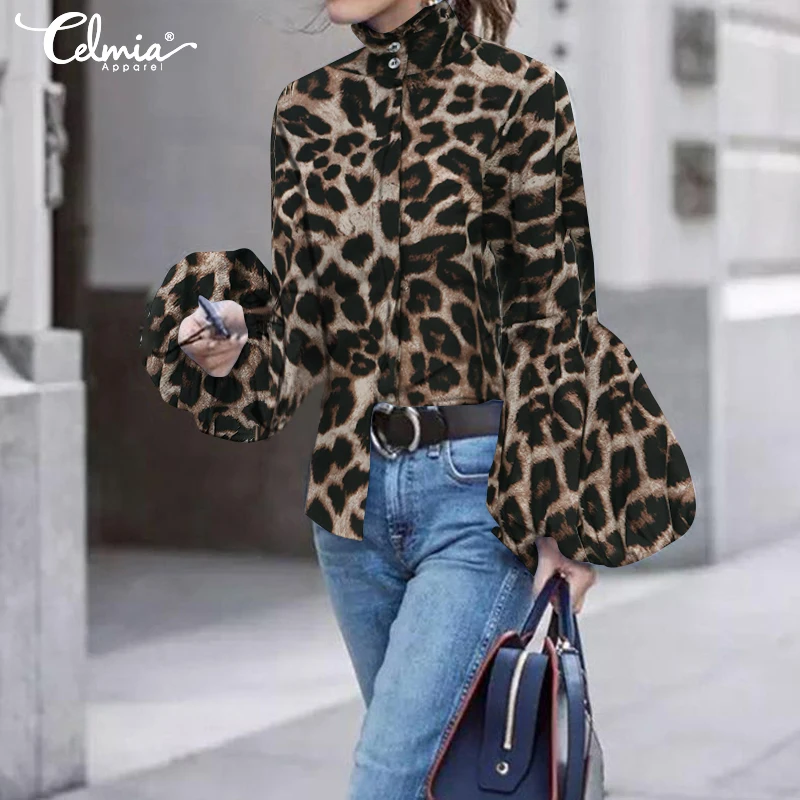 Celmia-Blusa informal con estampado de leopardo para mujer, camisa de trabajo de oficina con cuello