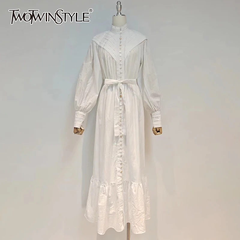 TWOTWINSTYLE Casual White Lace Up Dress For Women Stand Collar Lantern Long Sleeve High Waist Slim Midi Dresses Females 2021 New