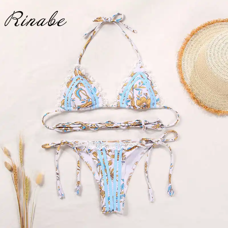 

Rinabe String Bikini Women 2020 Print Swimsuit Hollow Out Bikini Set Brazilian Biquini Bandage Swimwear Bathing Suit Women Beach