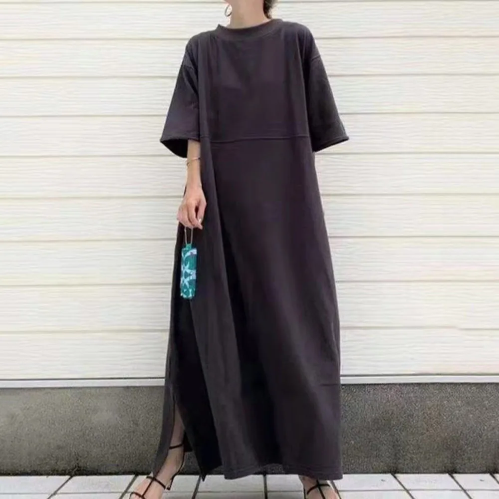 

2021 Japanese Round Neck Short Sleeve Loose Simple Dress Solid Color Long Skirt Loose Temperament Women's Casual Summer New