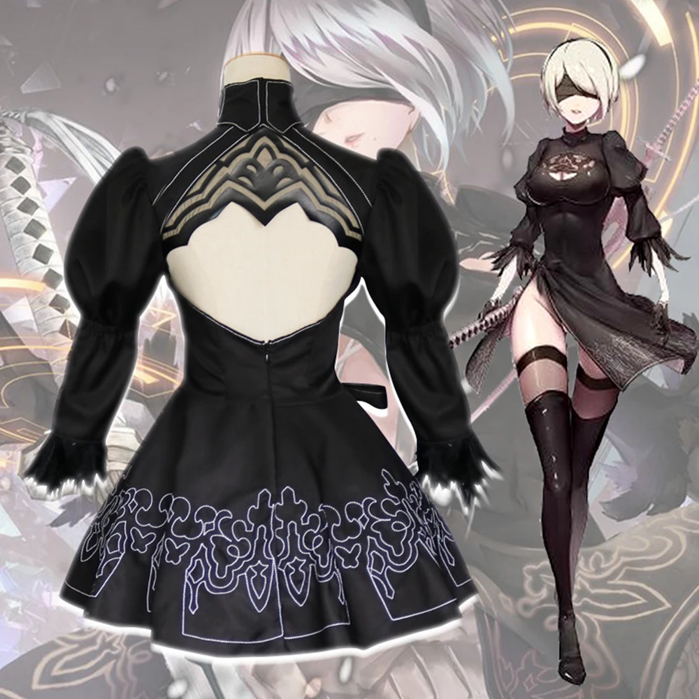 Game Nier Automata Yorha 2B Cosplay Costume Anime Uniform Suit Women Girls Halloween Party Fancy Outfits Black Dress Wig Set |