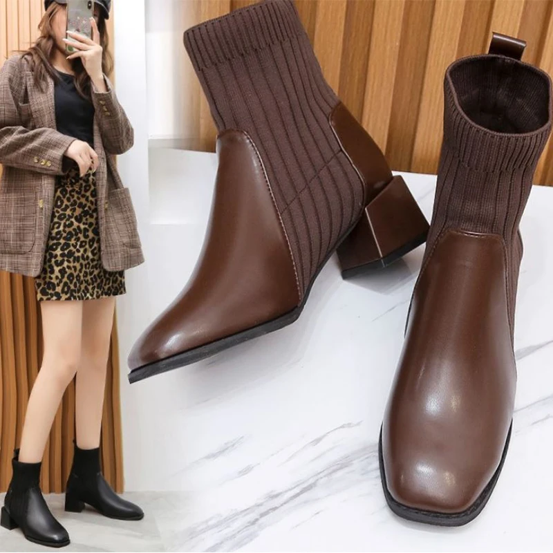 

Новинка 2021, вязаные эластичные ботинки-носки, туфли-лодочки с квадратным носком, модные ботинки на массивном каблуке, короткие ботильоны на ...