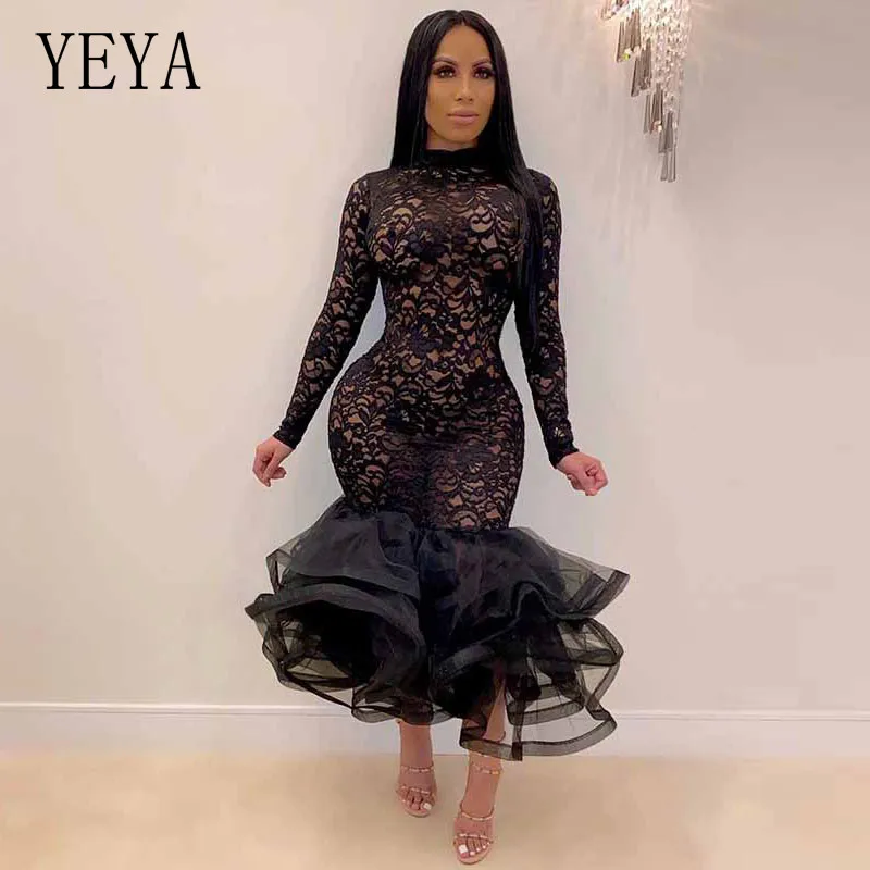 

Женское винтажное кружевное платье KEXU с оборками, Прозрачное платье с высокой талией, Сексуальные облегающие платья для новечерние