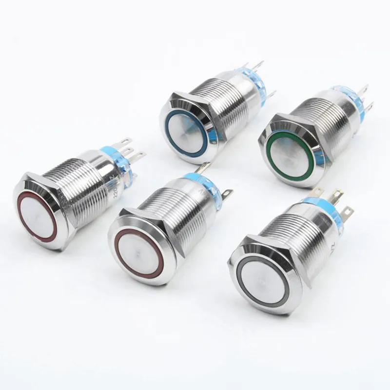 

10 шт. 19 мм металлический латунный кнопочный переключатель плоское круглое световое кольцо мгновенное самосброс блокировки 1NO 1NC Автомобиль...