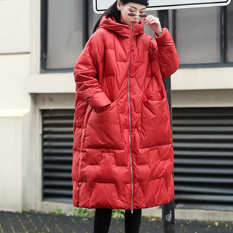 Winter 2021 new down jacket women's long wide version large size hooded white duck down warm coat for cold weather fat girls