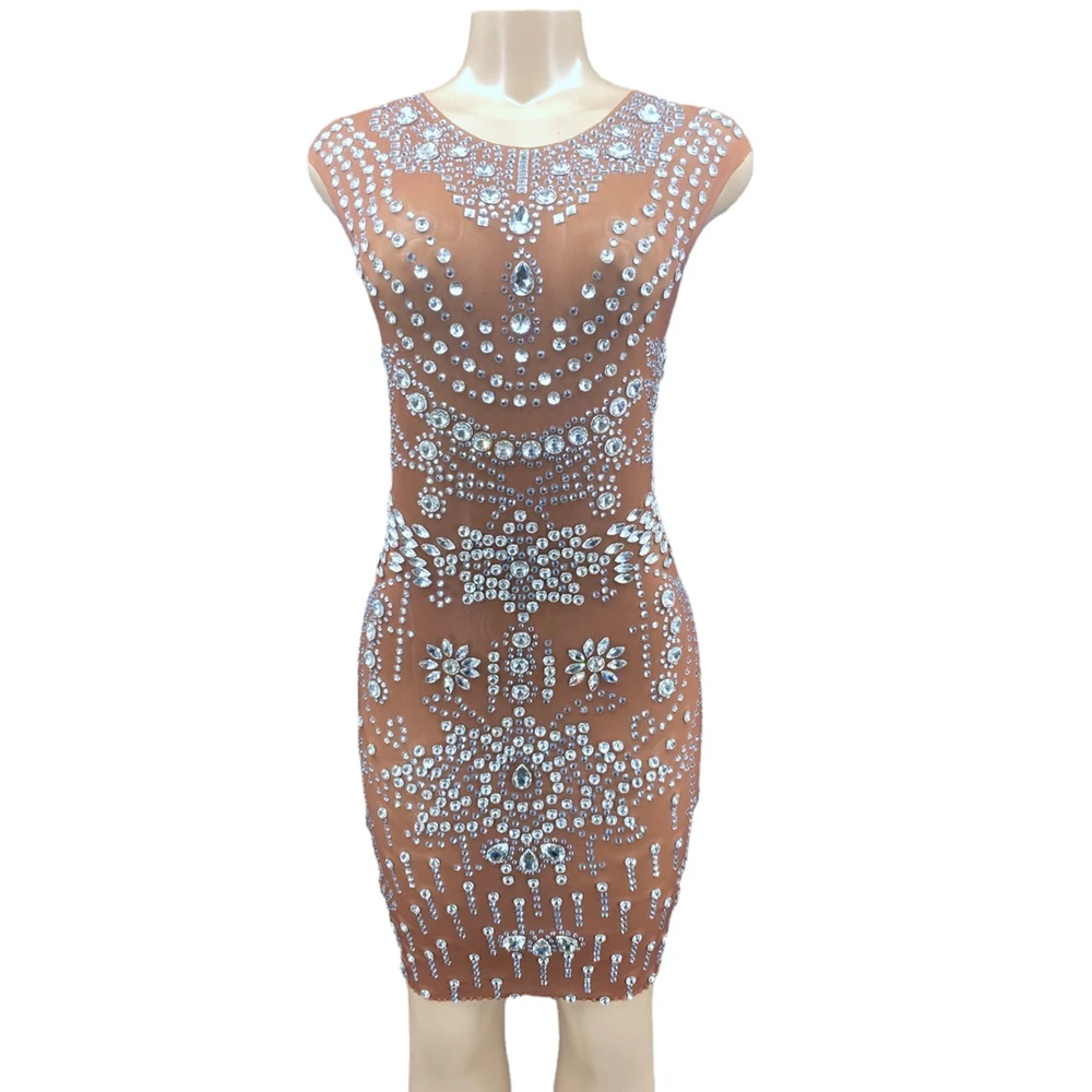 

Sparkly Rhinestones Sleeveless Short Dress Sexy Mesh Bodycon Prom Gown Evening Outfit Crystal Birthday Dress Festival Clothing