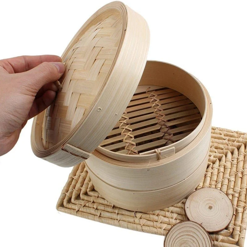 Bamboo Steamer 2 Tier 8 Inch Dim Sum Basket Rice Pasta Cooker Set with Lid By Steam for Vegetables | Дом и сад