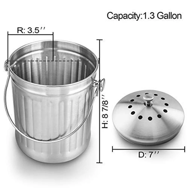 

Compost Bin, Peel Bucket for Home Kitchen, Odorless Compost Bucket for Kitchen Food Waste, with Handle and 2 Charcoal Filters, 5