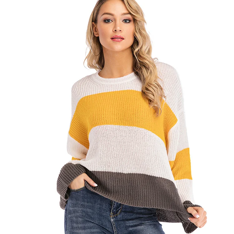 

2020 spring new large women's stripe contrast sweater fashion Pullover Sweater