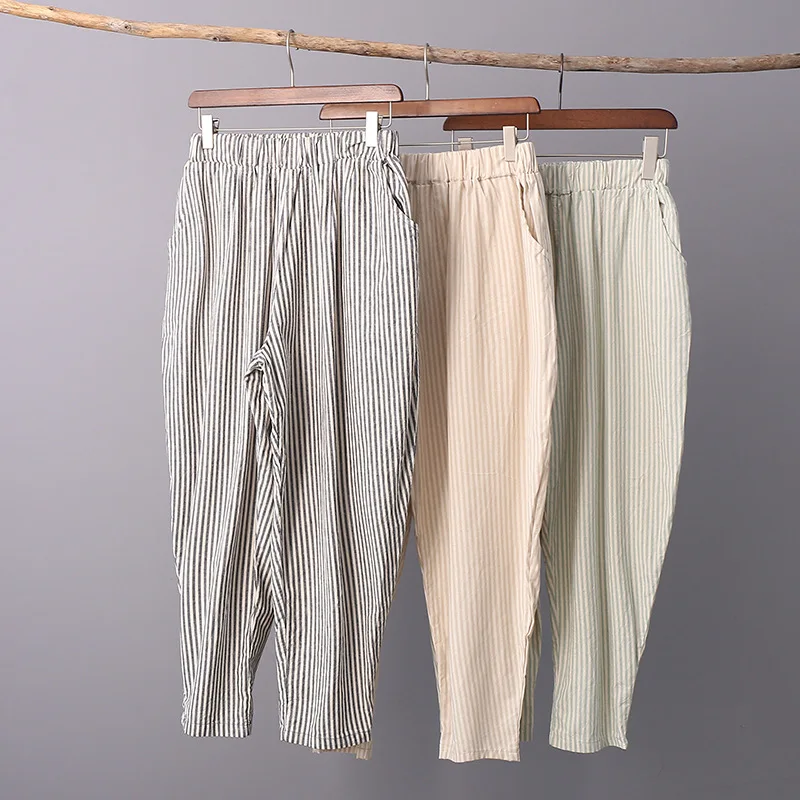 

New cotton and linen trousers women casual harem pants stripes pantalones bf style female pantolon