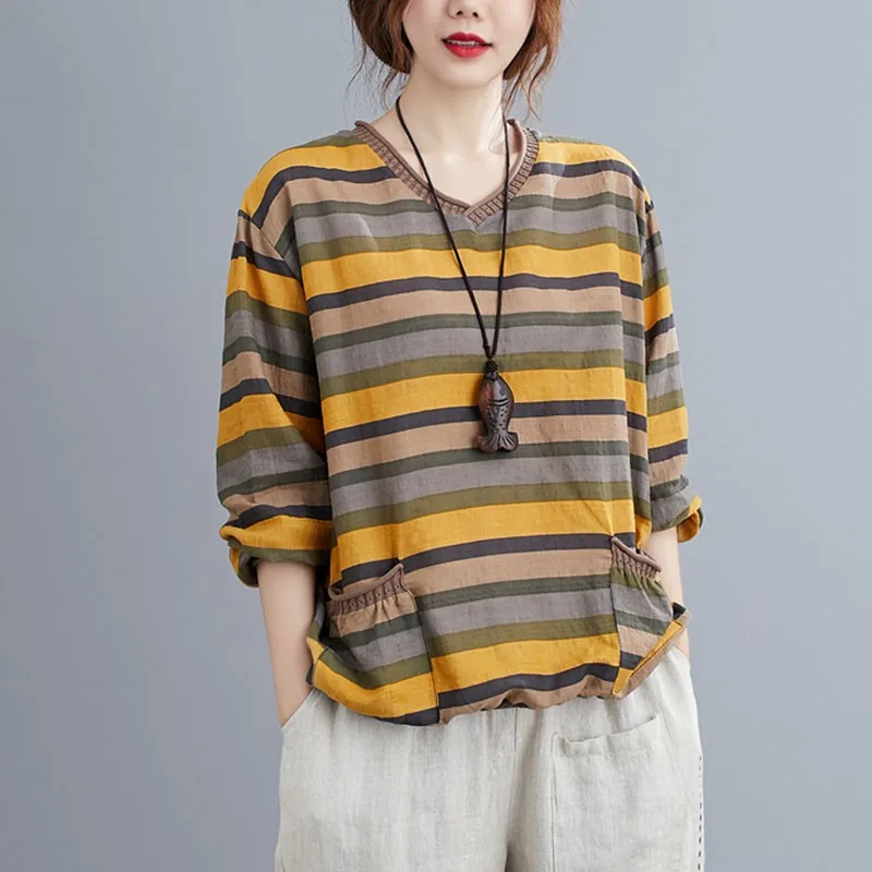 Женская футболка с длинным рукавом из хлопка и льна V-образным вырезом в полоску