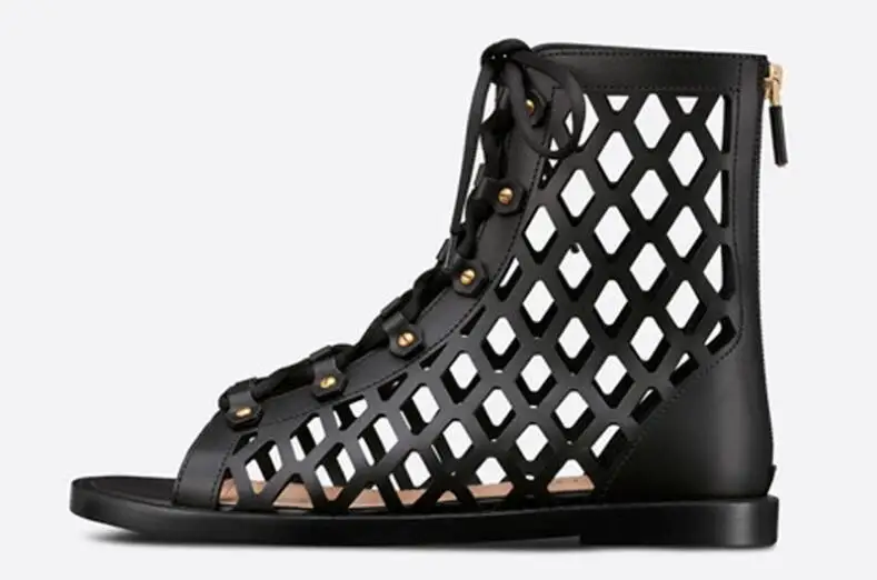 Jual Sepatu Musim Panas Datar Berongga Kulit Coklat Krem Hitam Sepatu Bot Pergelangan Kaki Berenda Ujung Terbuka Sepatu Bot Sandal Pendek Gaya Roma Ritsleting Belakang