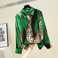 spring autumn womens shirt new korean retro loose contrast color leopard chiffon blouse commuter long sleeve tops gd271