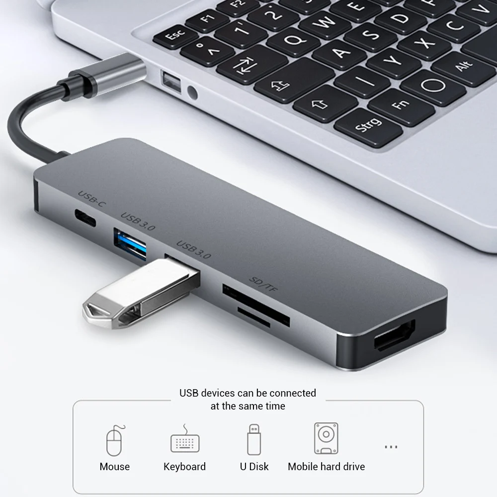 

6 In 1 Type C Hub USB C to USB 3.0 RJ45 SD/TF PD Fast Charging 4K HDMI-Compatible Converter Laptop Phone Docking Station