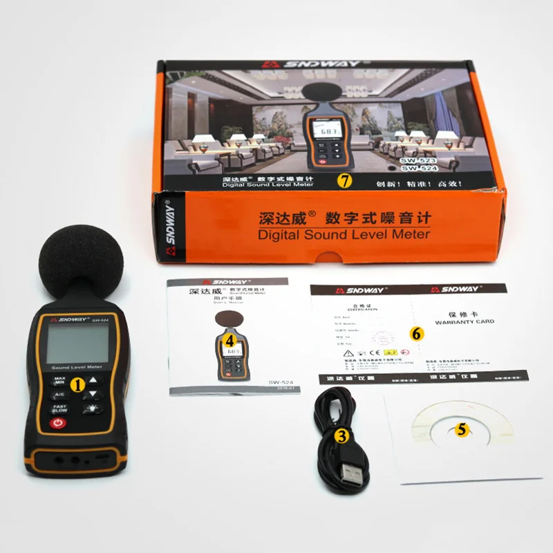 

SNDWAY SW-524 Digital Sound Level Meter Portable USB Noise Meter Smart Sensor Handheld Decibel Meter 30~130dB