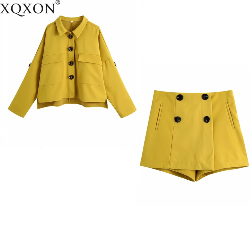 

XQXON 2021 New Women Jacket Set Single Breasted Overshirt & High-Waist Shorts Skirts Two Piece Set