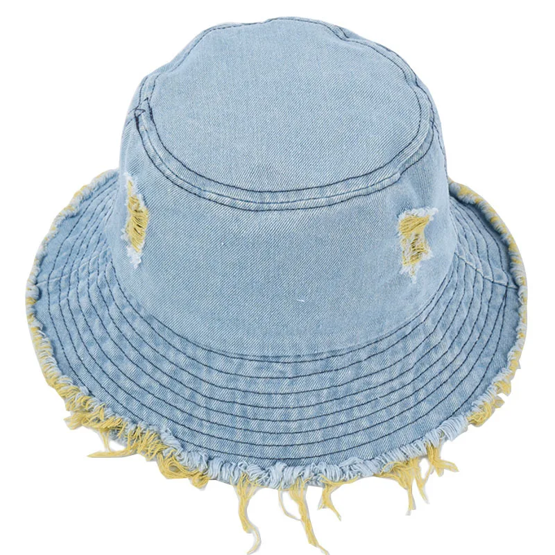 

Hat Female Color Hole Denim Fisherman Hat Korean Casual Wild Fringe Basin Hat Tide Couple Sunscreen Sun Hat Beanie Bucket Hat