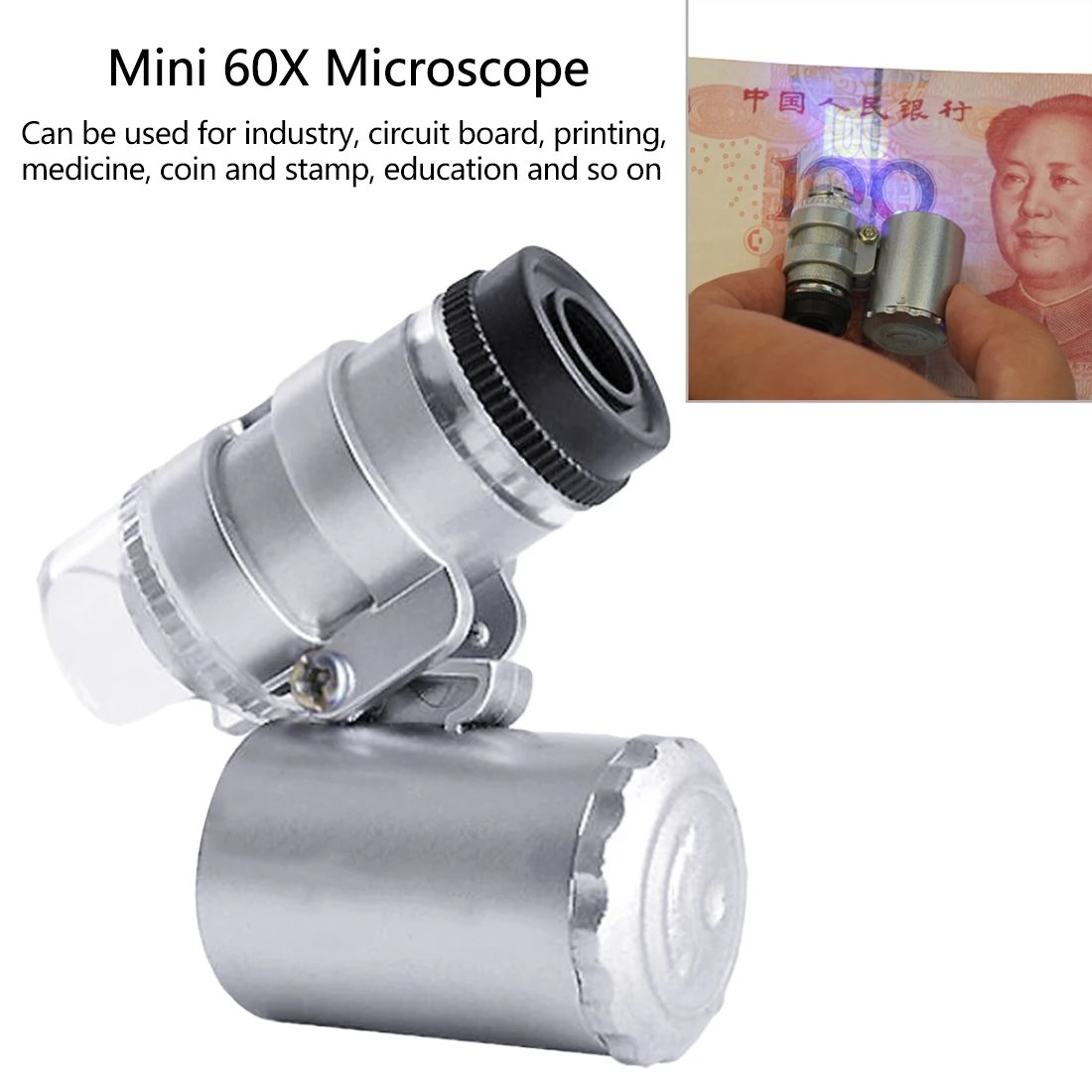 

60X Magnifying Glass Universal Mobile Phone Portable Clip LED Mini Microscope UV Currency Detector Flashlight