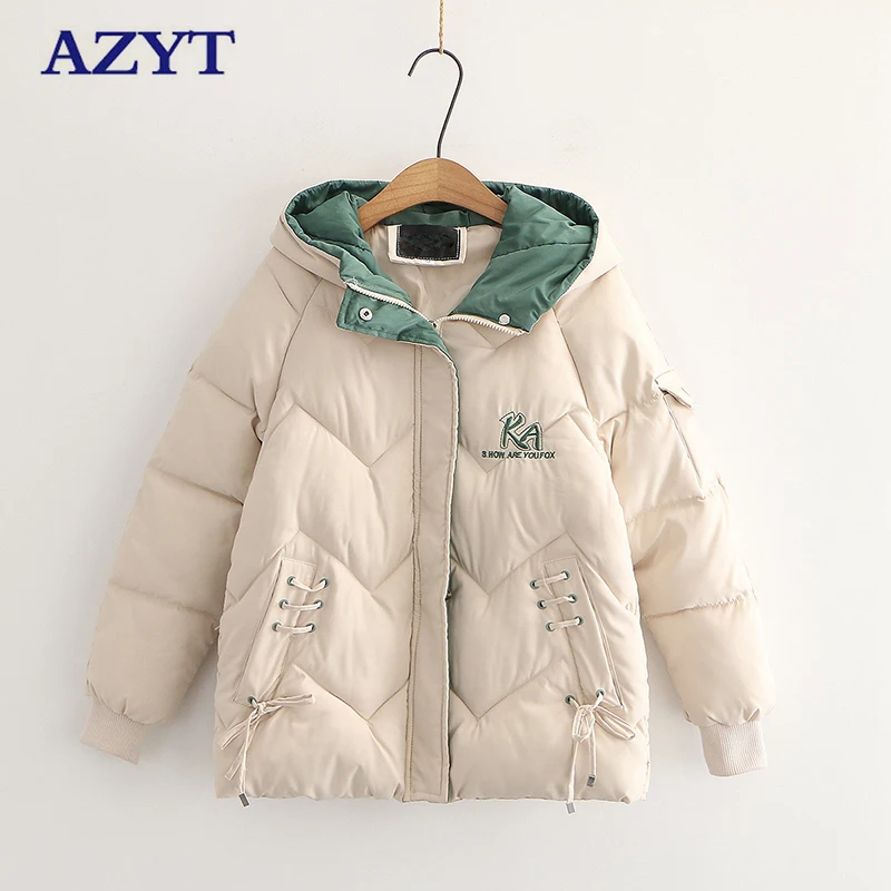 

AZYT Winter Warm Hooded Parkas Women Fashion Letter Embroidery Thicken Women Winter Jacket 2021 Warm Cotton Padded Jacket Female