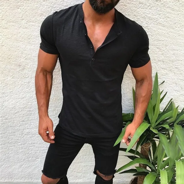 

Men's short-sleeved shirts, solid color shirts, V-neck buttons, sexy cotton clothing, spring/summer 2021