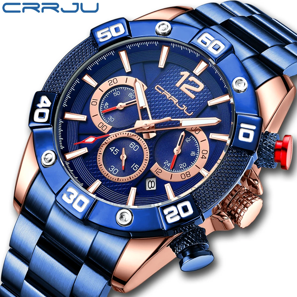 

CRRJU New Men's Watches Casual Chronograph Stainless Steel Band Wristwatch Quartz Clock with Luminous Pointers Relogio Masculino
