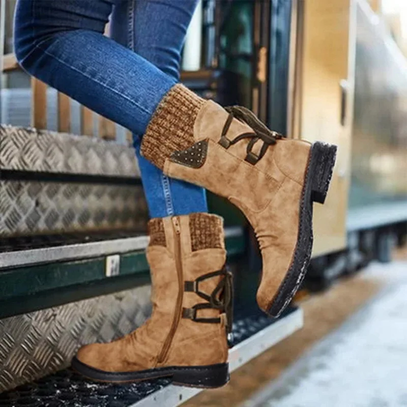Apricot B Puimentiua Winter Shoes Women Boots Basic Mid-Calf Boots Round Toe Zip Platform Decor Female Shoes Warm Lace Up Boots Shoes - Цвет: Apricot B