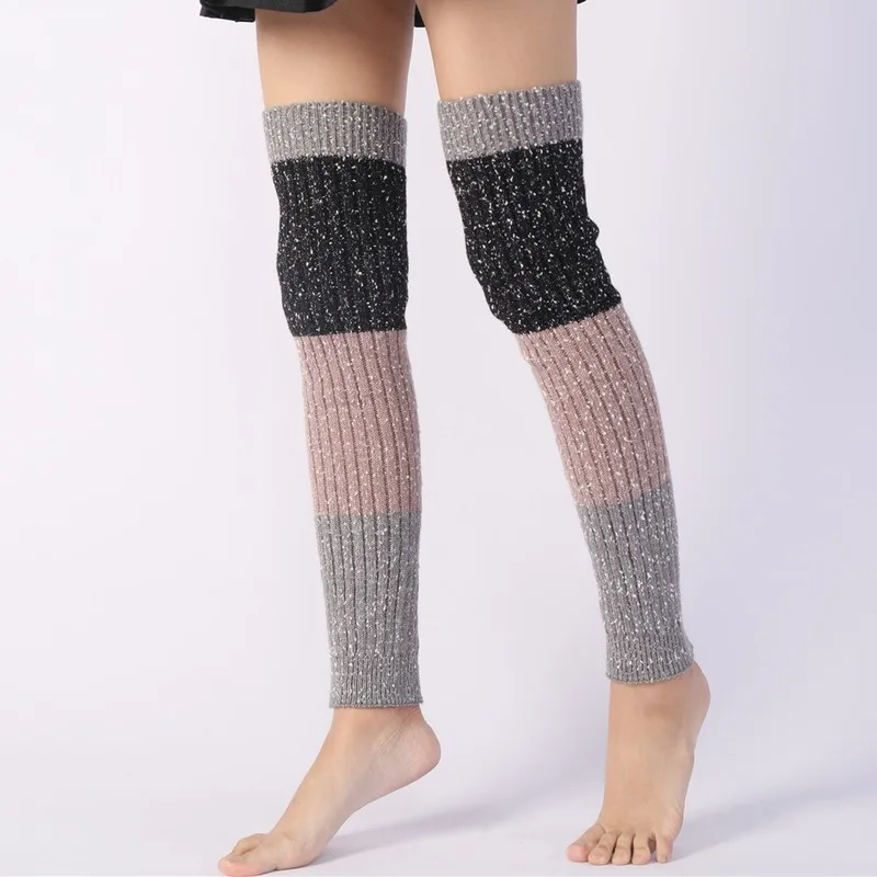 Sparsil Women Winter Cashmere Stripe Stockings Leg Warmer Thicken Lengthen Knitting Kneepad Long Socks Warm Boot Cuffs Long Sock